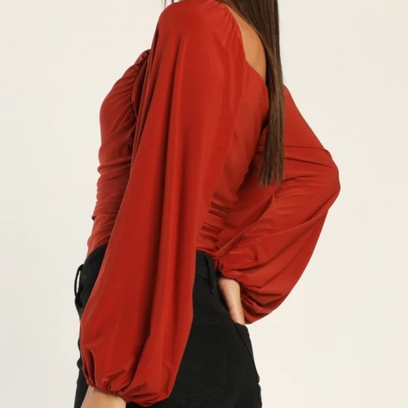 NWT Anything But Average Rust Orange Ruched Balloon Sleeve Bodysuit Top Sz XS - Picture 4 of 7